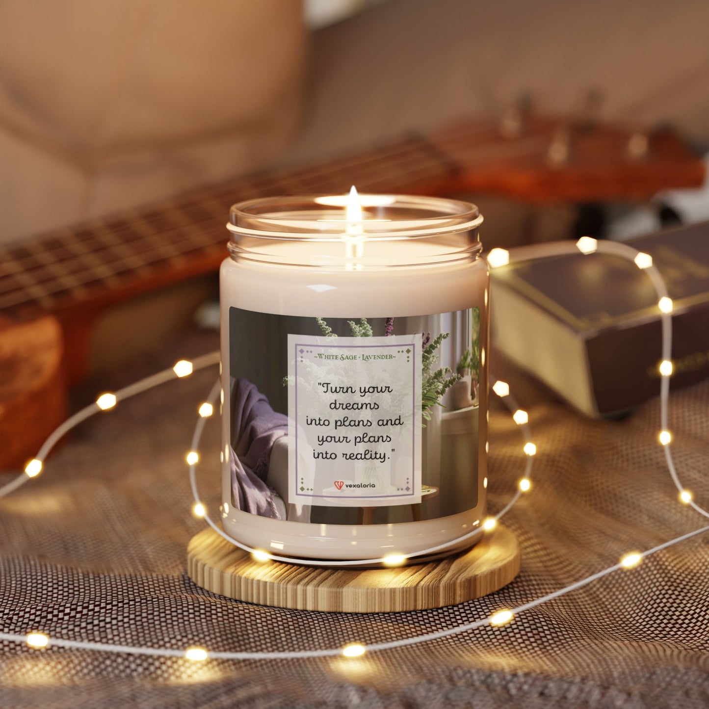 White Sage + Lavender Scented Soy Candle, 9oz: 'Turn your dreams into plans and your plans into reality.'