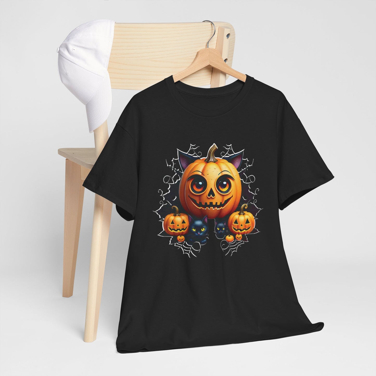 Halloween Pumpkin Cat T-shirt Heavy Cotton Tee