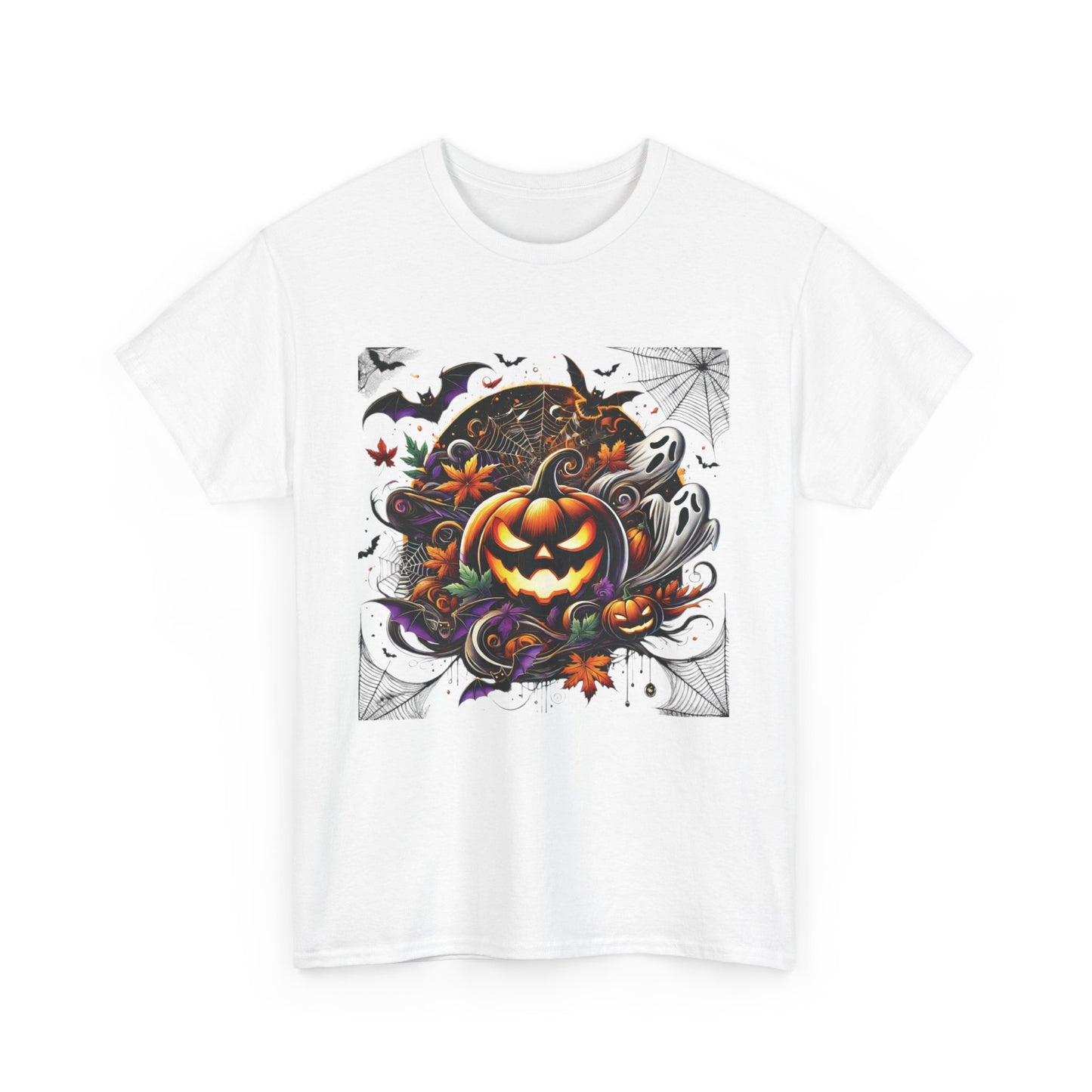 Halloween Magic: Pumpkins, Bats, and Ghosts in a Chilling, Spine-Tingling Scene : Unisex Heavy Cotton Tee