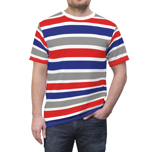 Vibrant Spectrum: Bold 4-Color Stripes Full Print Tee Vr.02