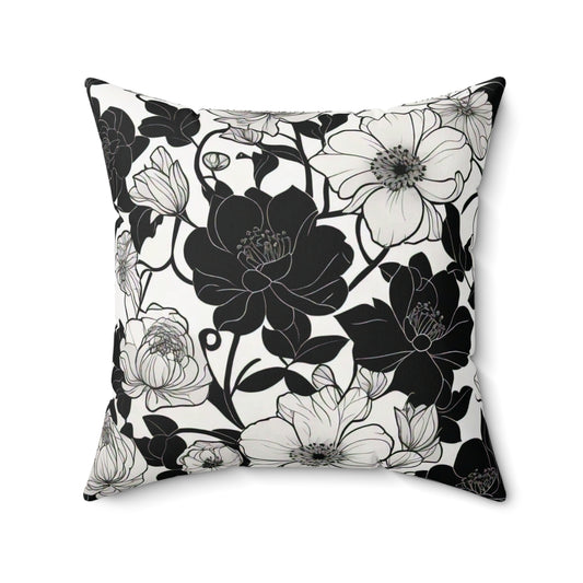 Black and White Floral Spun Polyester Square Pillow