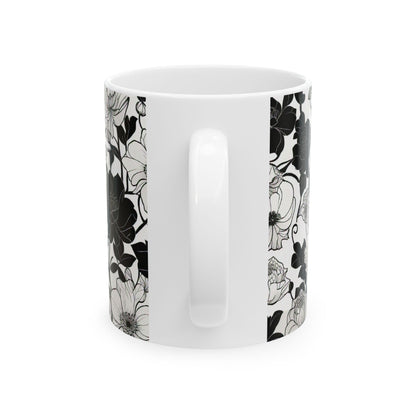 Black and white Floral Ceramic Mug, (11oz)