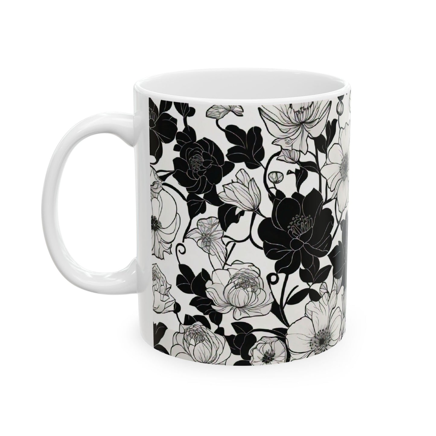 Black and white Floral Ceramic Mug, (11oz)