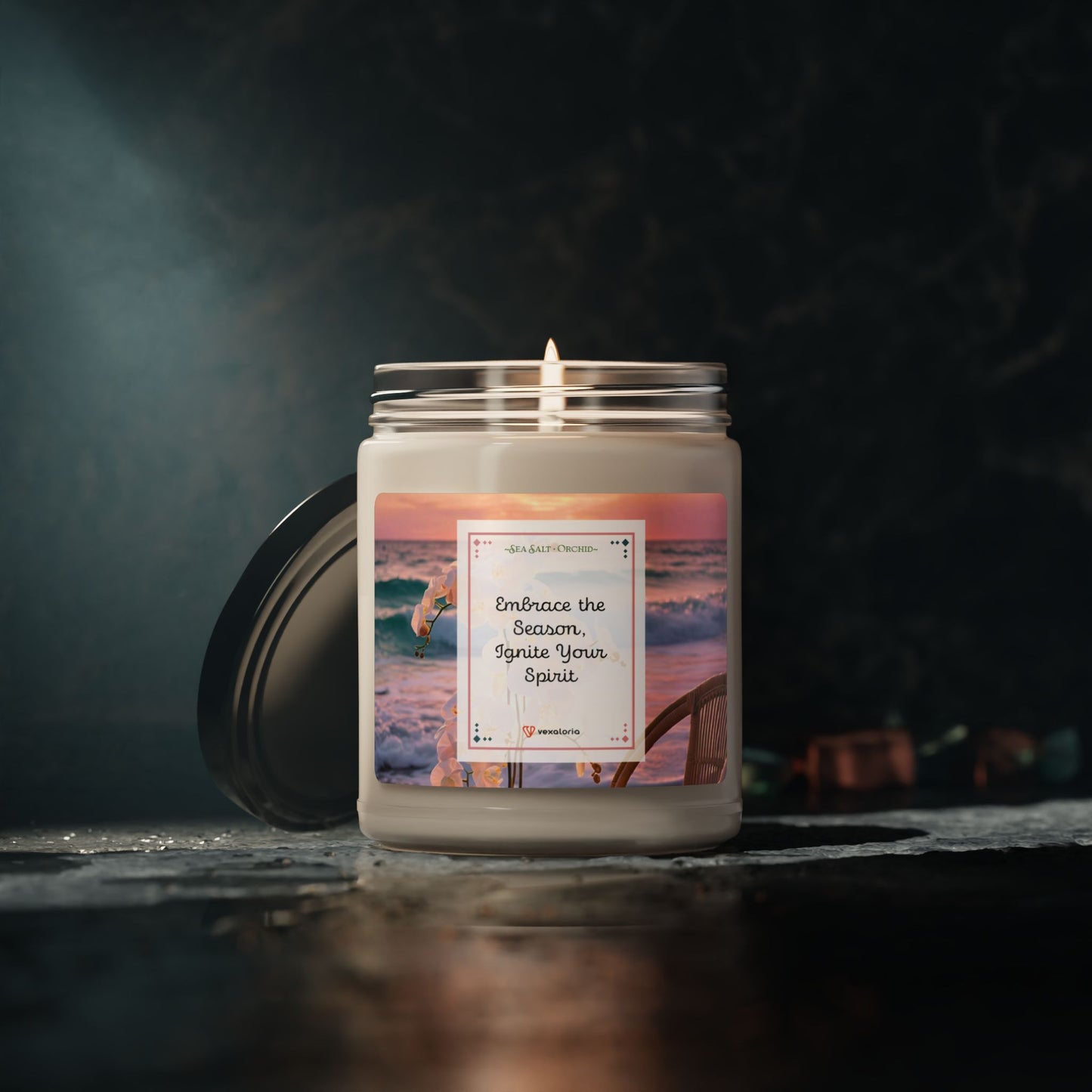 Sea Salt + Orchid Scented Soy Candle, 9oz 'Embrace the Season, Ignite Your Spirit'