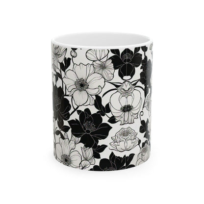 Black and white Floral Ceramic Mug, (11oz)