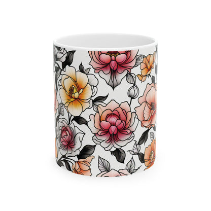 Beautiful Floral Pattern Ceramic Mug, (11oz)