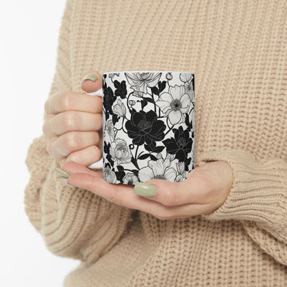 Black and white Floral Ceramic Mug, (11oz)