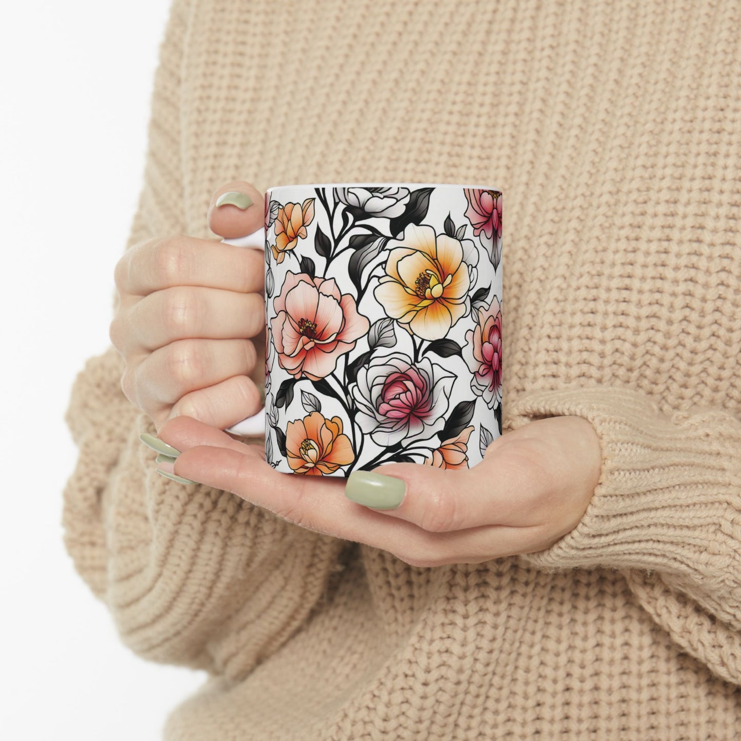 Beautiful Floral Pattern Ceramic Mug, (11oz)