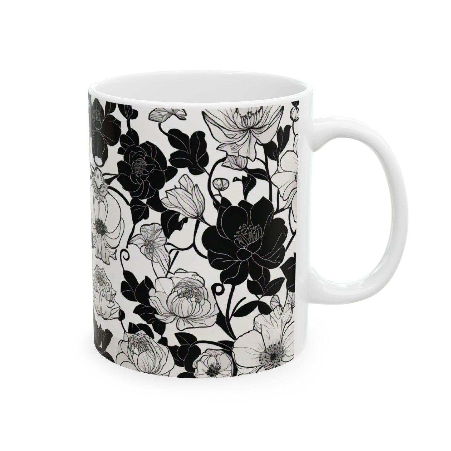 Black and white Floral Ceramic Mug, (11oz)