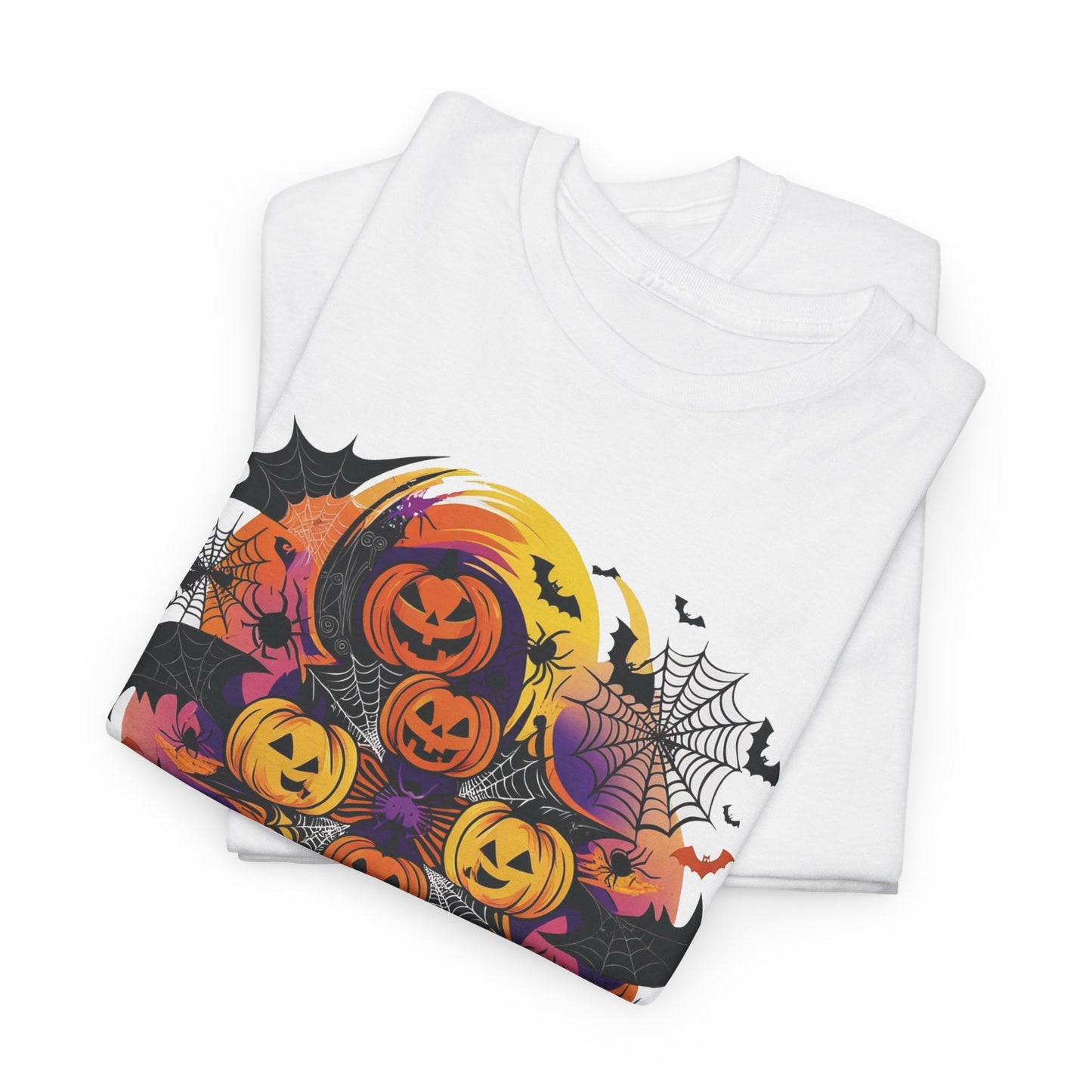 Spook-tacular Pumpkin Prowess: Enchanting Webs and Batty Adventures on a Ghoulishly Good T-Shirt! Unisex Heavy Cotton Tee