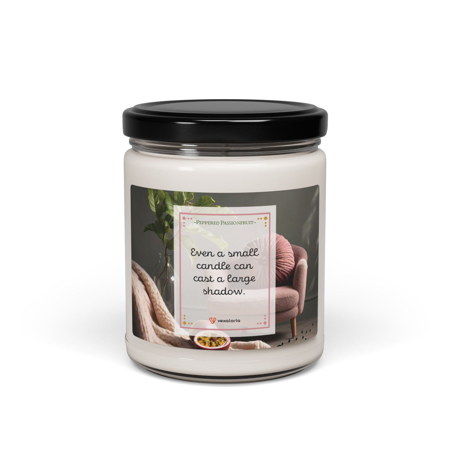 Peppered Passionfruit Scented Soy Candle, 9oz: 'Even a small candle can cast a large shadow.'