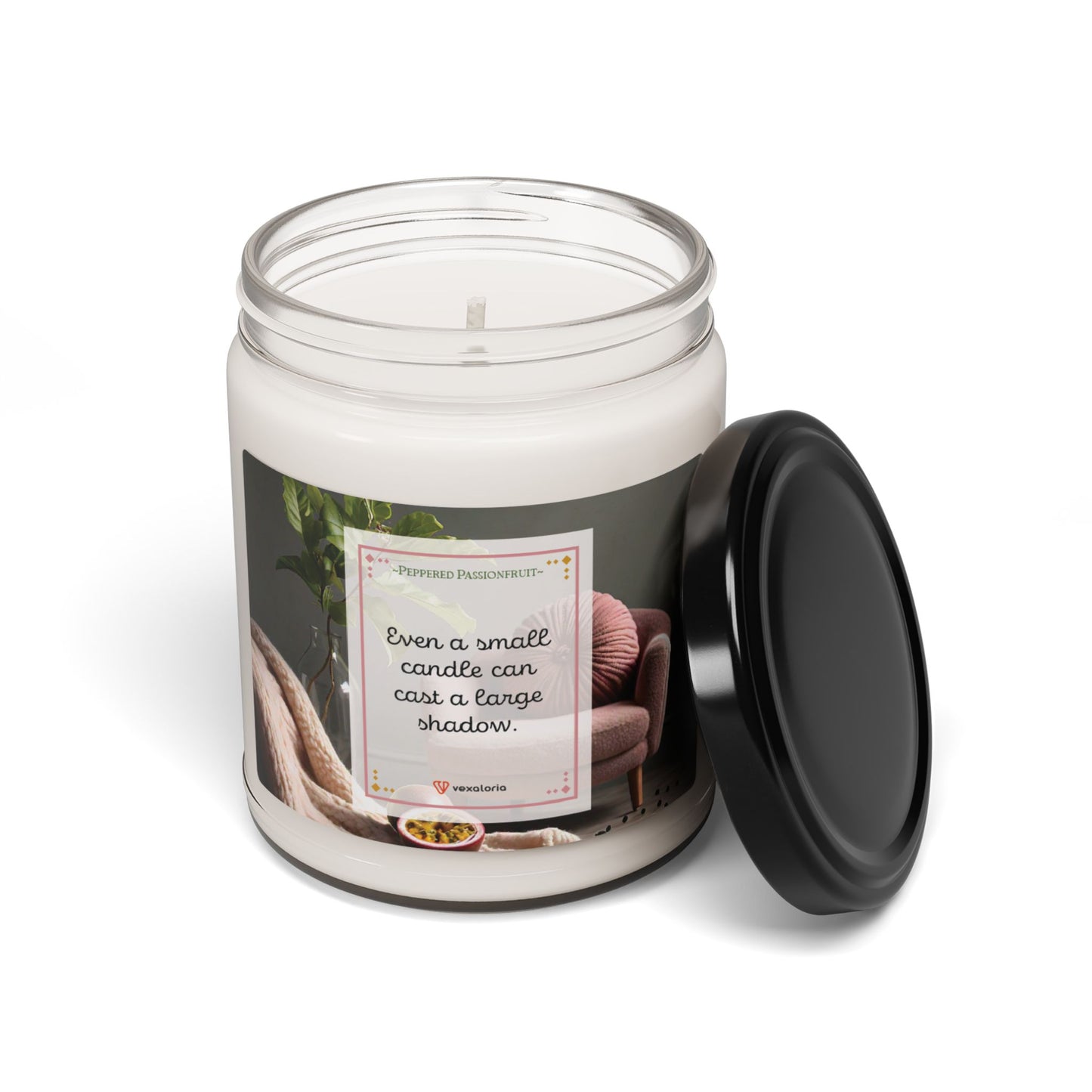 Peppered Passionfruit Scented Soy Candle, 9oz: 'Even a small candle can cast a large shadow.'