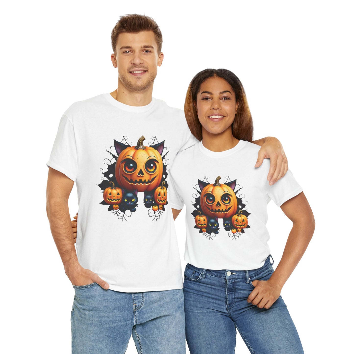 Halloween Pumpkin Cat T-shirt Heavy Cotton Tee