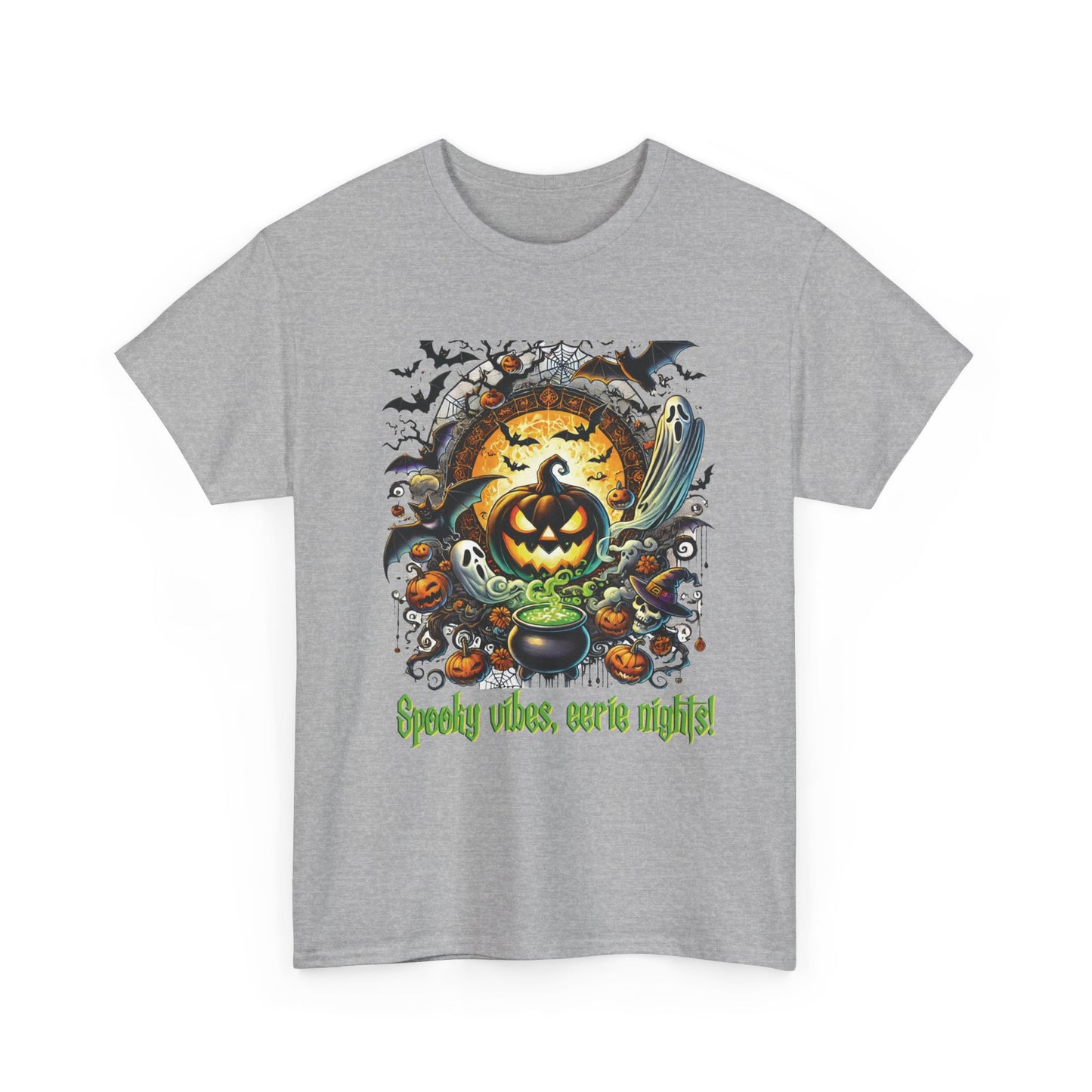 Spooky Halloween Vibes: Jack-o'-Lanterns, Ghosts, Bats & Cobwebs – Perfect for a Thrilling Night! Unisex Heavy Cotton Tee