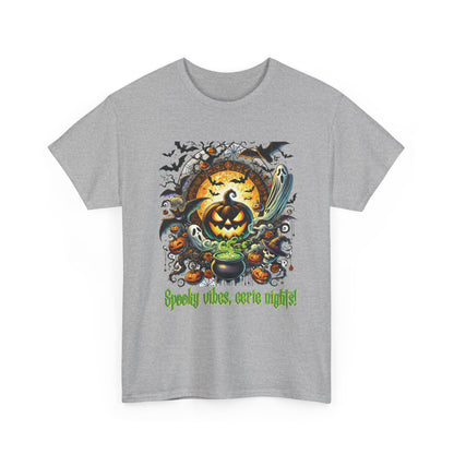 Spooky Halloween Vibes: Jack-o'-Lanterns, Ghosts, Bats & Cobwebs – Perfect for a Thrilling Night! Unisex Heavy Cotton Tee