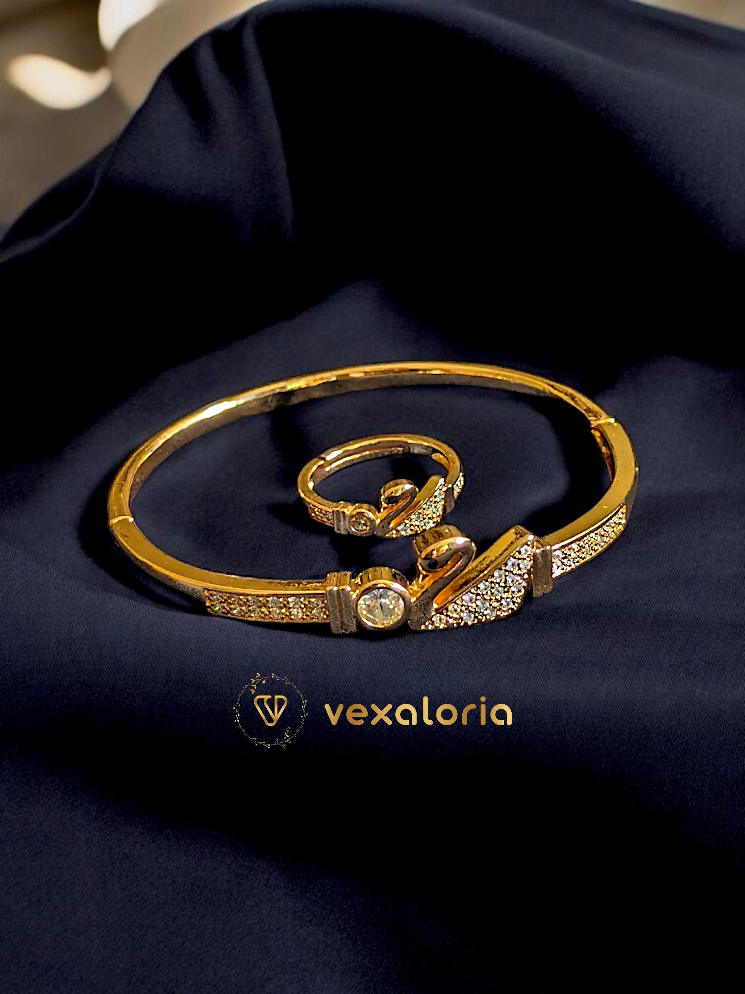 Luxury swan style zircon studded bracelet (kara) with Ring for girls and women