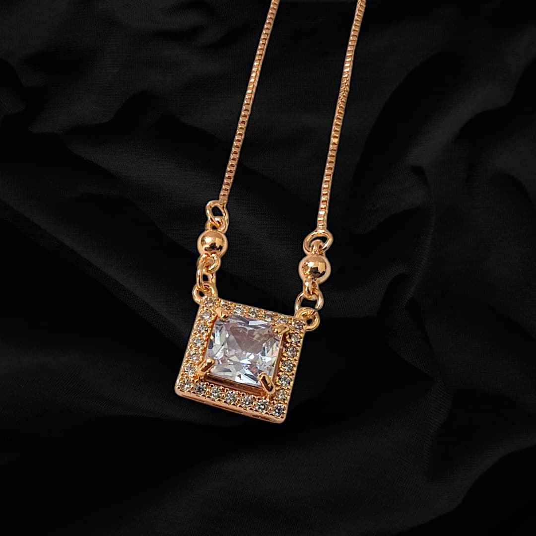 18K GOLD-PLATED WHITE STONE PENDANT - Square Shape  White Stone Design Gold Necklace