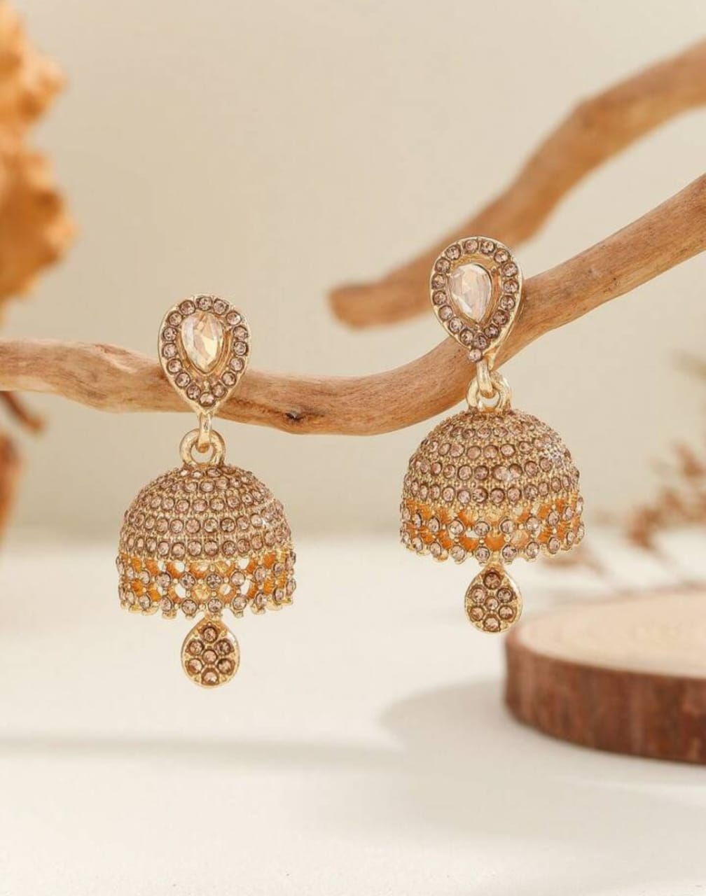 Beautiful Zircon golden Jhumki for girls - Desi style Jhumki for girls