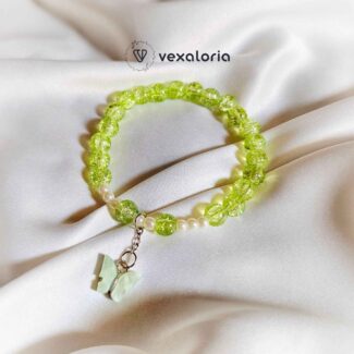 🦋 Lime Glow Butterfly Beaded Bracelet – Stretch Fit with Pearls & Charm