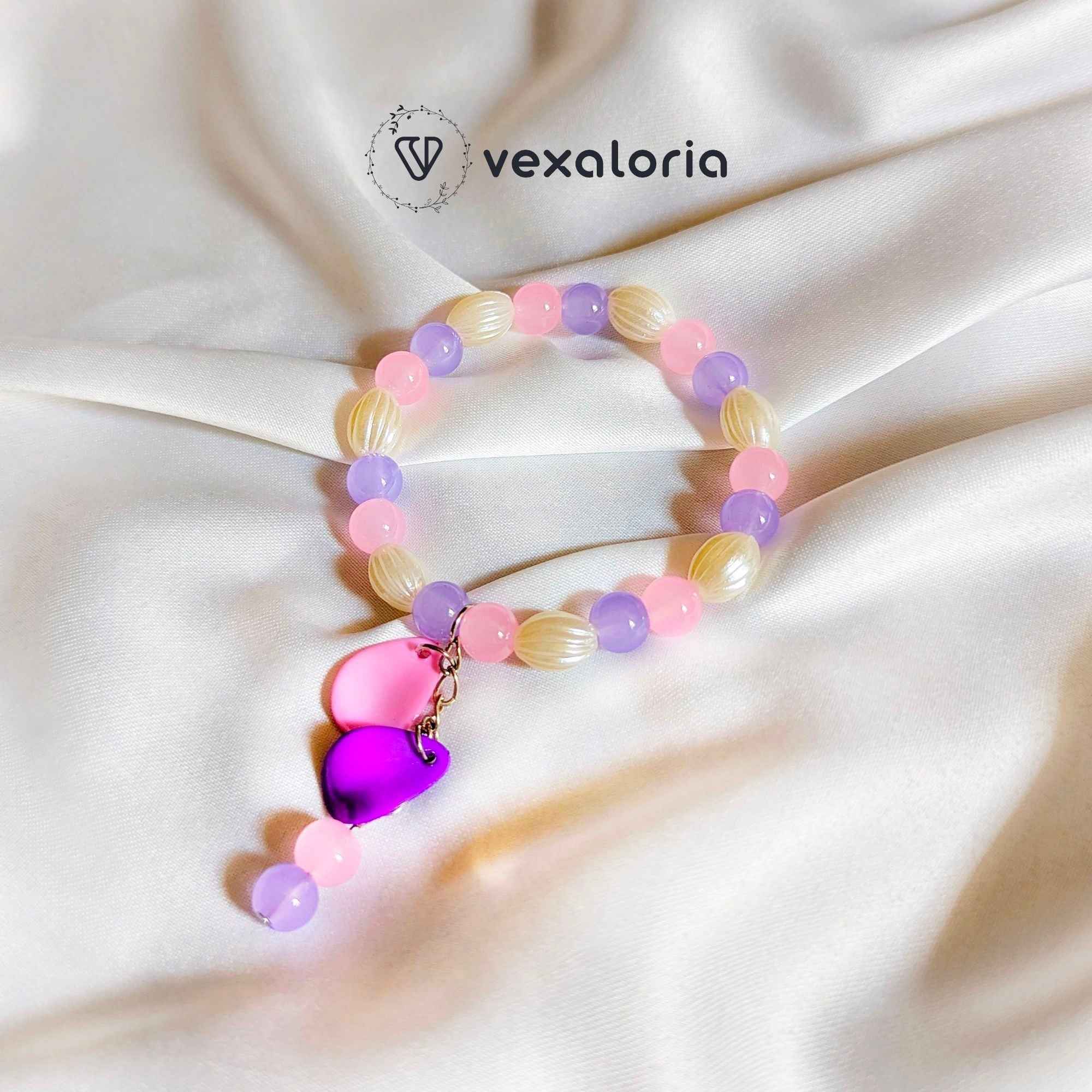 💖 Blush Bloom Beaded Bracelet – Light Purple & Pink with Dangling Beads (Stretch Fit)