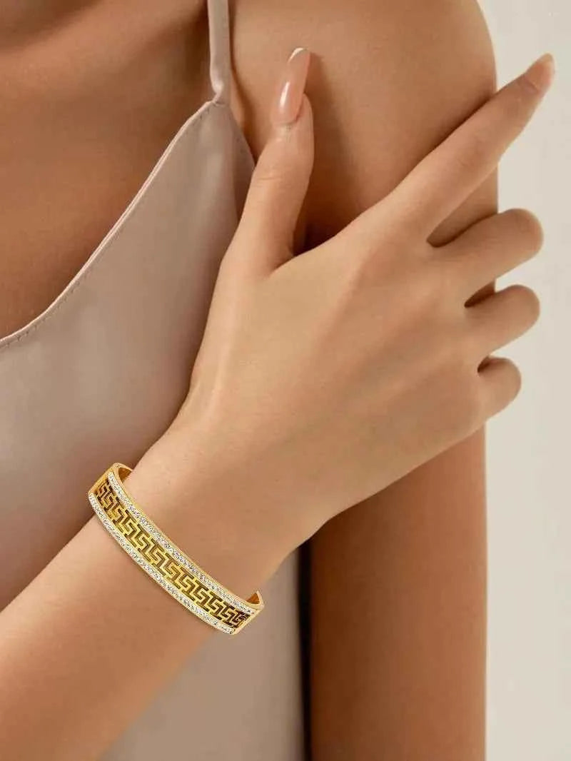 Geometric Double-Row Zircon Bangle Stainless Steel Bracelet for Women