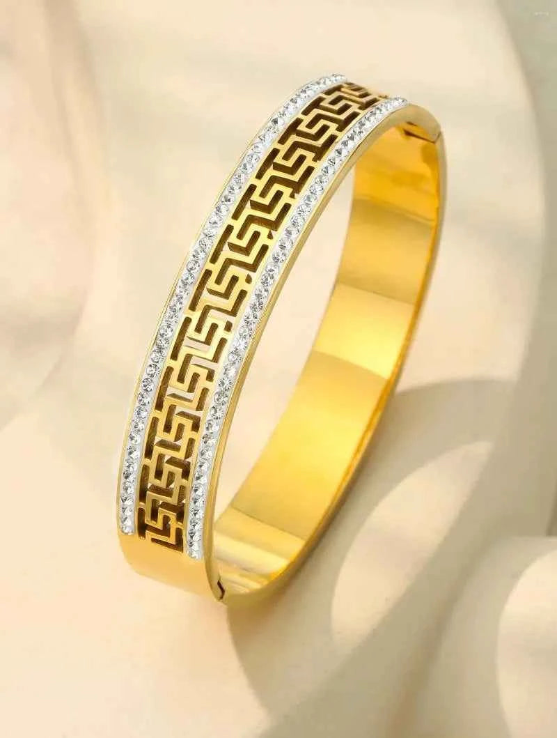 Geometric Double-Row Zircon Bangle Stainless Steel Bracelet for Women