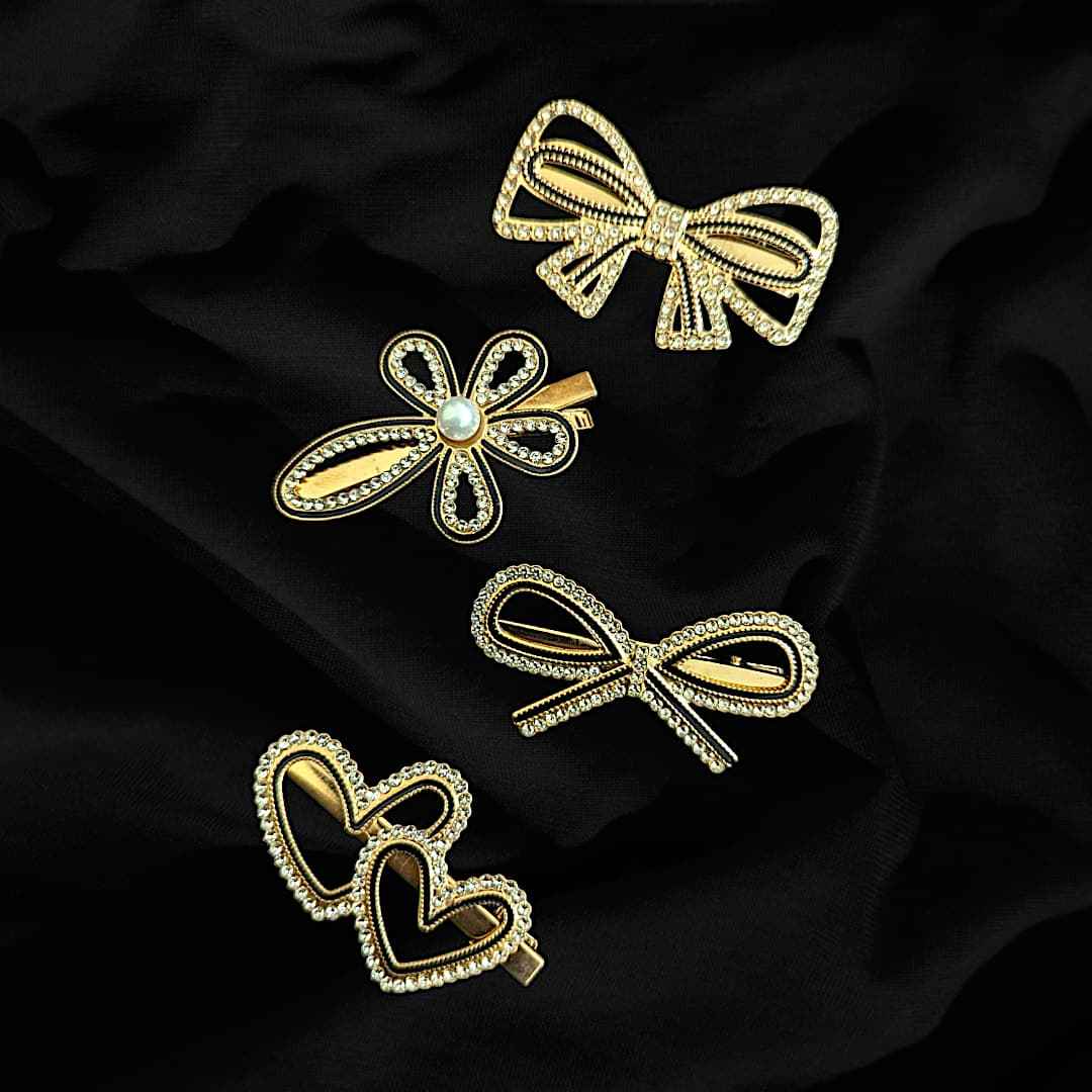 4 Piece Black & Gold Color Rhinestone Bow and Faux Pearl Luxury Multi Design Metal Hair Clips Set for women and girls
