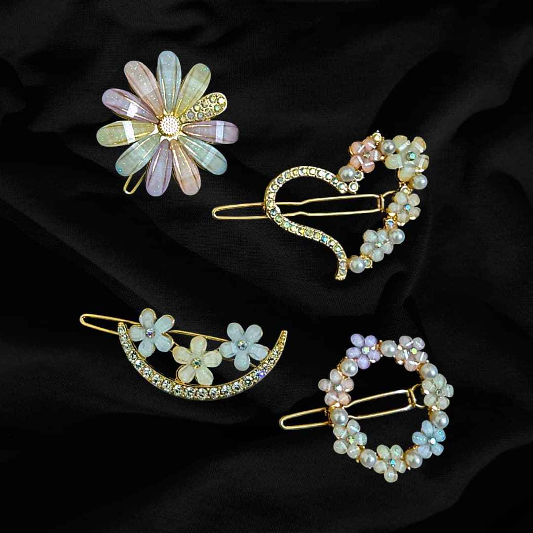 4 Pack Cute / Set of Rhinestone Flower Hair clip - Alloy, Sweet Style for women and Girls