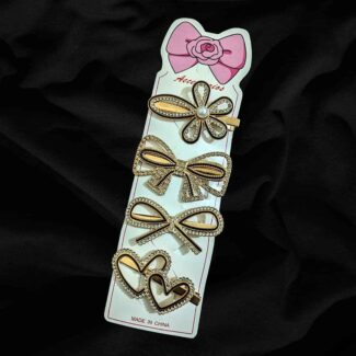4 Piece Black & Gold Color Rhinestone Bow and Faux Pearl Luxury Multi Design Metal Hair Clips Set for women and girls