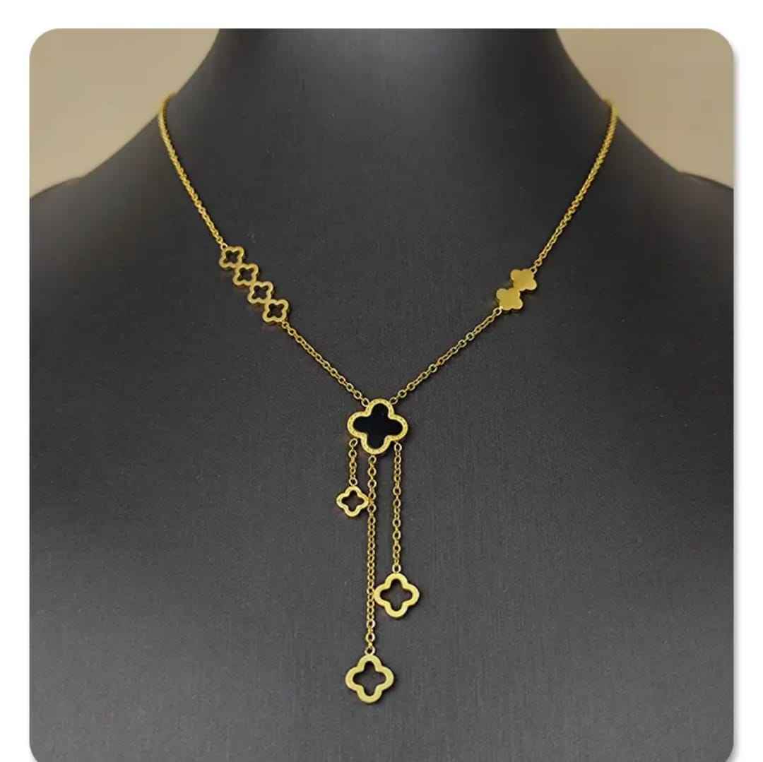 Fashion Four Leaf Clover Stainless Steel Necklace Women Openwork Pendant Tassel Collarbone Chain Ins Hiphop Accessories Jewelry