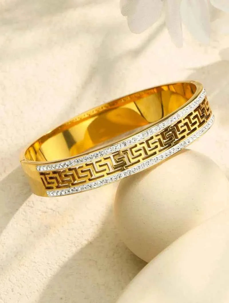 Geometric Double-Row Zircon Bangle Stainless Steel Bracelet for Women